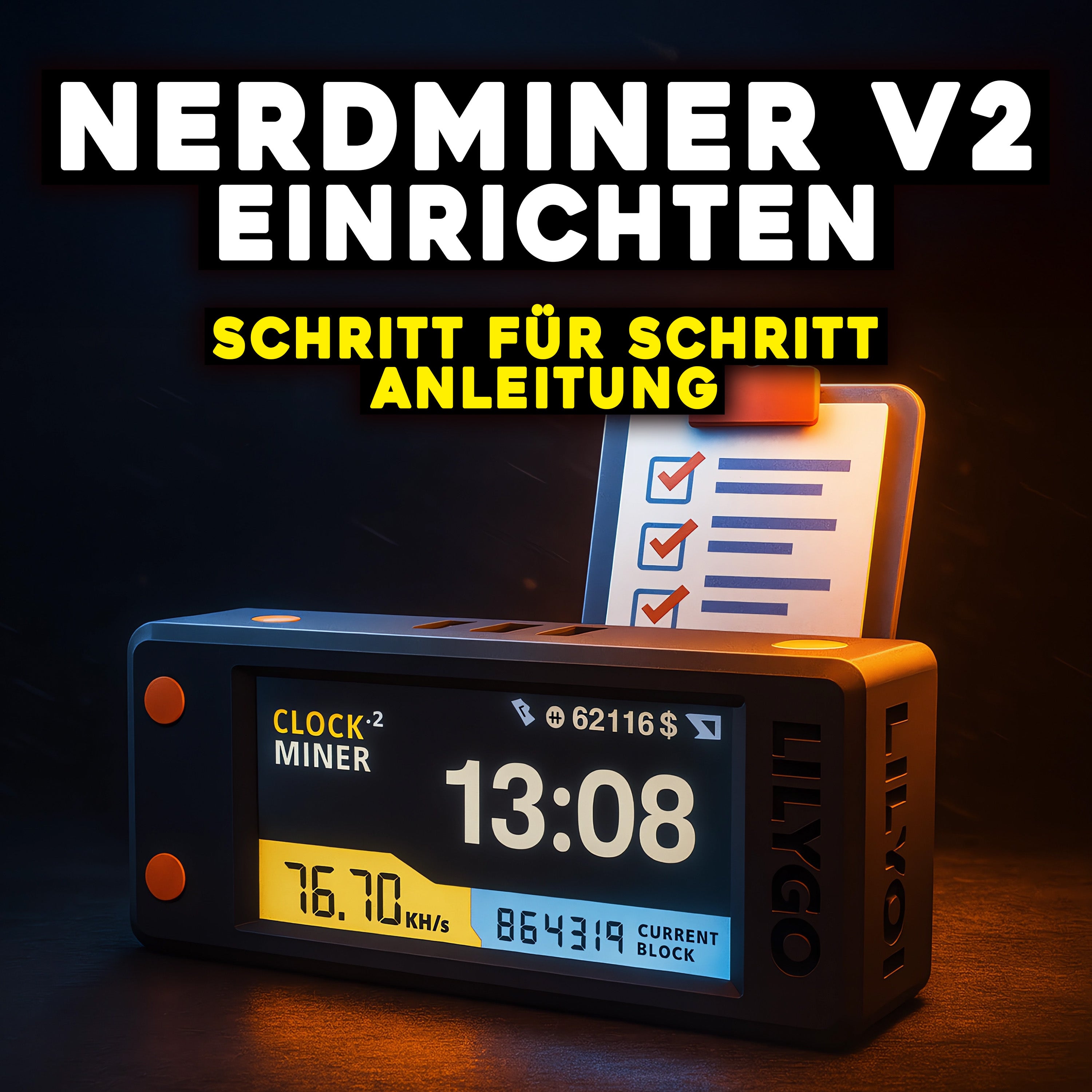 Ein Nerdminer V2 Gerät mit aktivem Display steht auf einem dunklen Tisch. Im Hintergrund ist eine symbolische Checkliste mit Haken zu sehen. Darüber der Titel: „Nerdminer V2 einrichten – Schritt für Schritt Anleitung“.
