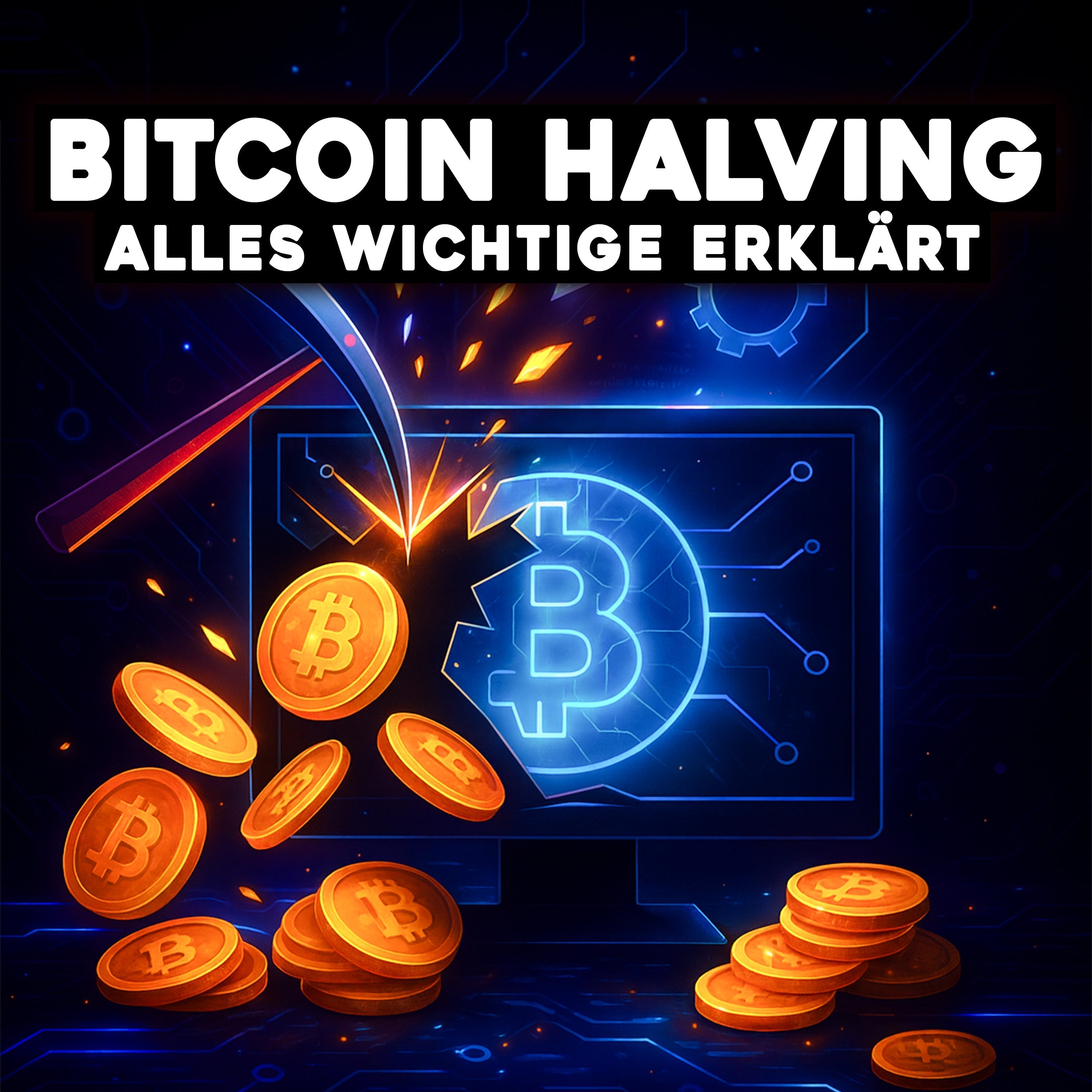 Illustration zum Bitcoin Halving: Eine Spitzhacke zerschlägt einen Monitor mit Bitcoin-Symbol, goldene BTC-Münzen fliegen heraus, darunter der Titel „Bitcoin Halving – Alles Wichtige erklärt“.