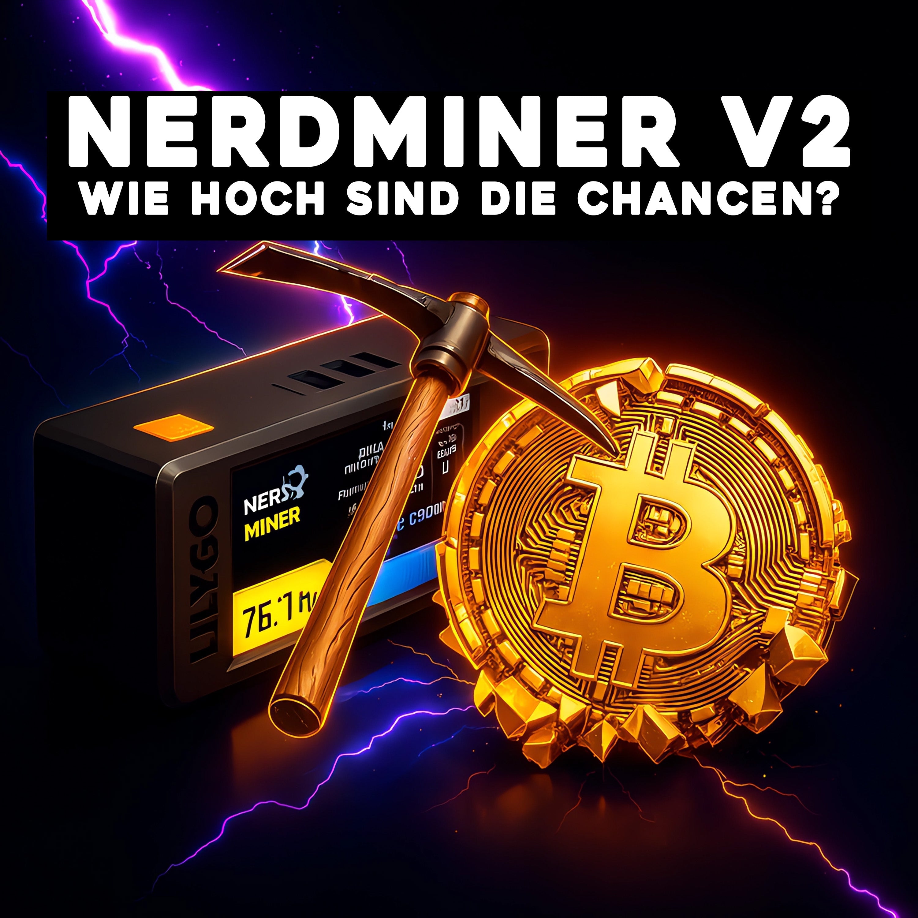 Nerdminer V2 mit Bitcoin und Spitzhacke vor Blitzen – Symbolbild für Mining-Chancen.