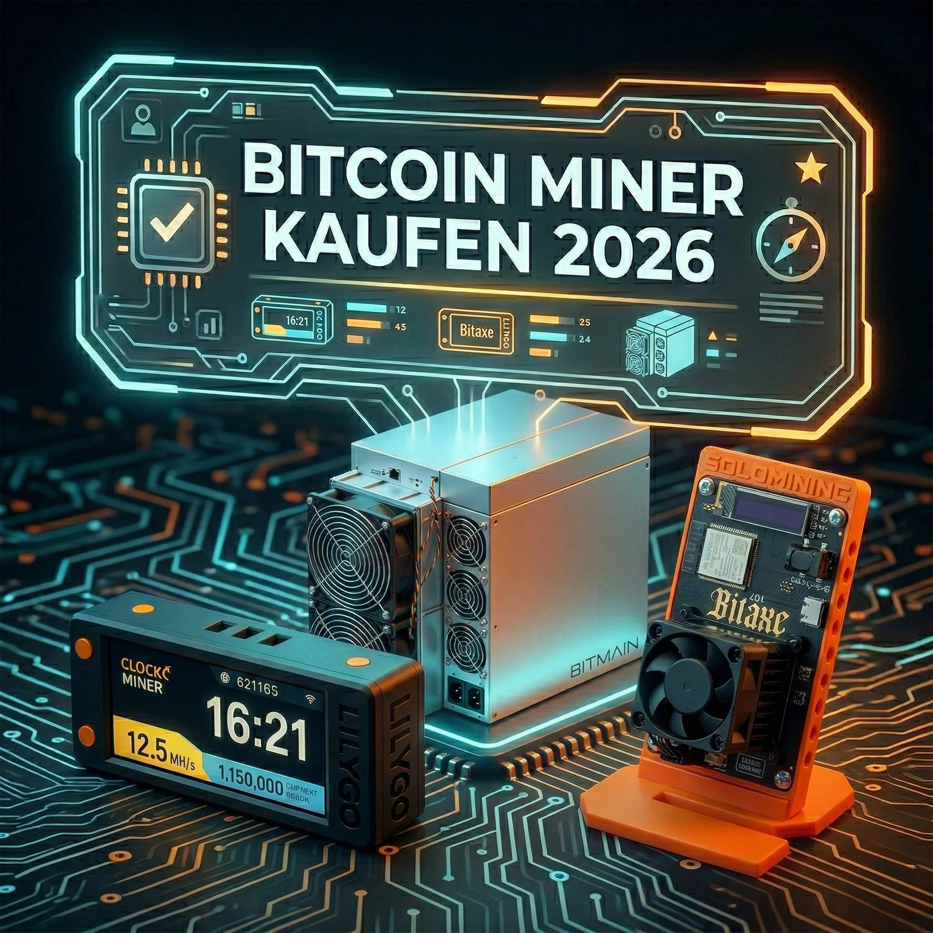 Hologramm mit dem Text 'BITCOIN MINER KAUFEN 2026' und drei verschiedene Bitcoin-Mining-Hardwaregeräte auf einer futuristischen Leiterplatte.
