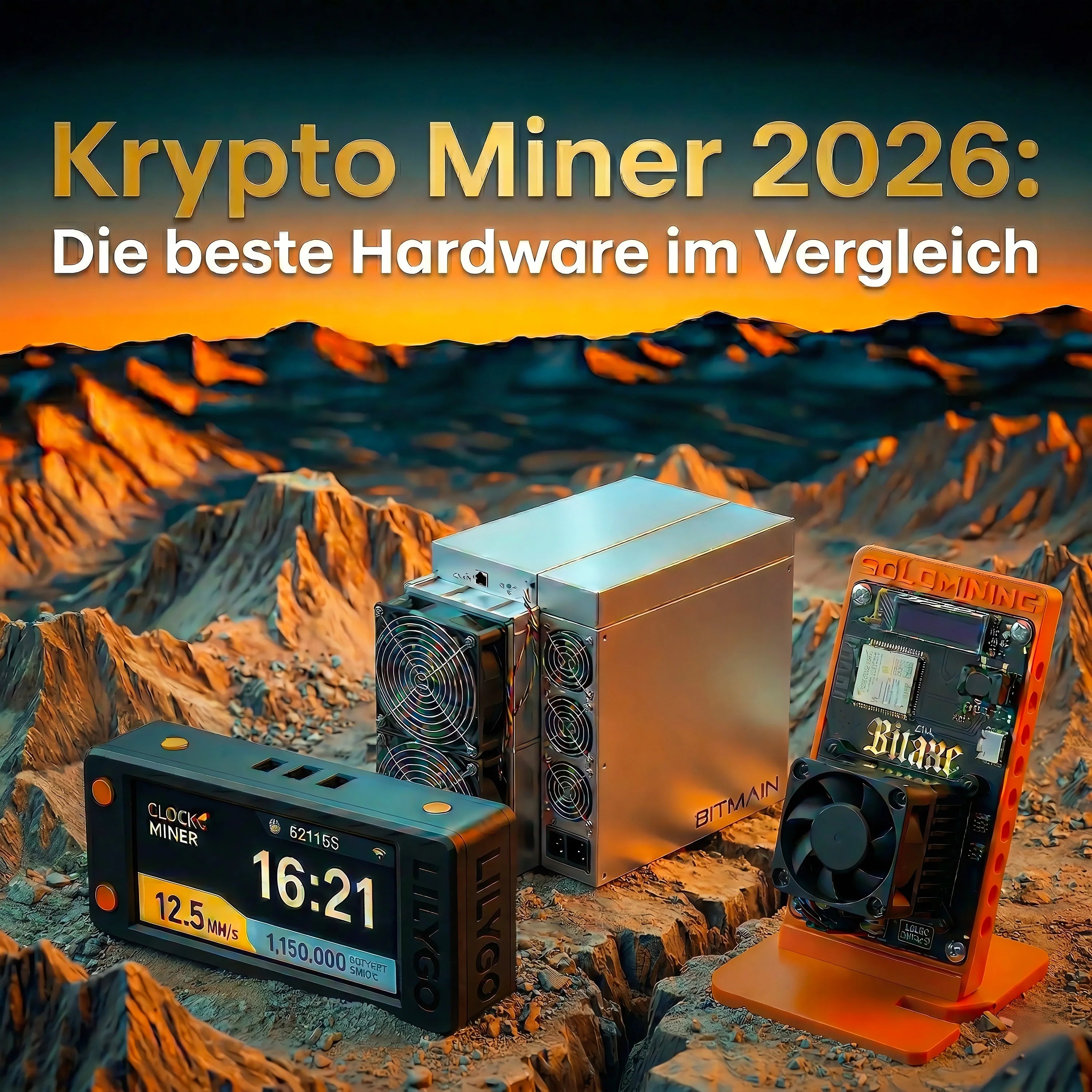 Grafik mit dem Titel "Krypto Miner 2026: Die beste Hardware im Vergleich". Drei verschiedene Krypto-Miner (ein LILYGO, ein Bitmain ASIC und ein Bitaxe) stehen auf felsigem Untergrund vor einer Berglandschaft im Sonnenuntergang.