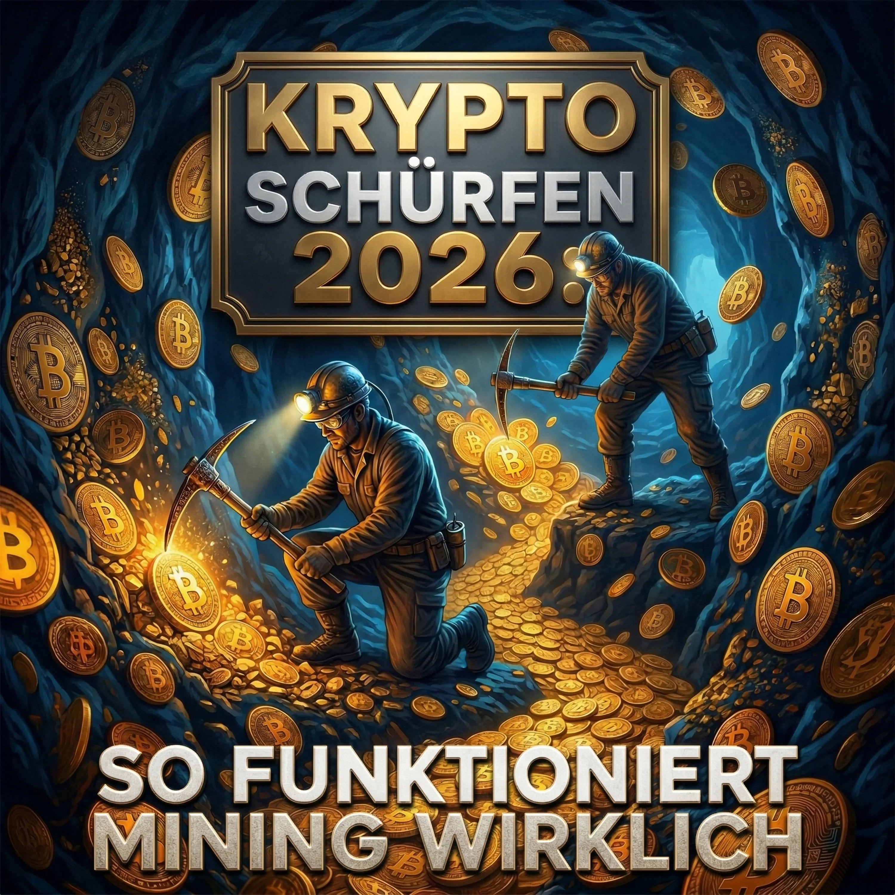 Digitale Illustration von zwei Bergleuten mit Helmlampen und Spitzhacken, die in einer dunklen Höhle leuchtende Bitcoin-Münzen abbauen. Oben im Bild steht der Text 'KRYPTO SCHÜRFEN 2026:', am unteren Rand steht 'SO FUNKTIONIERT MINING WIRKLICH'.