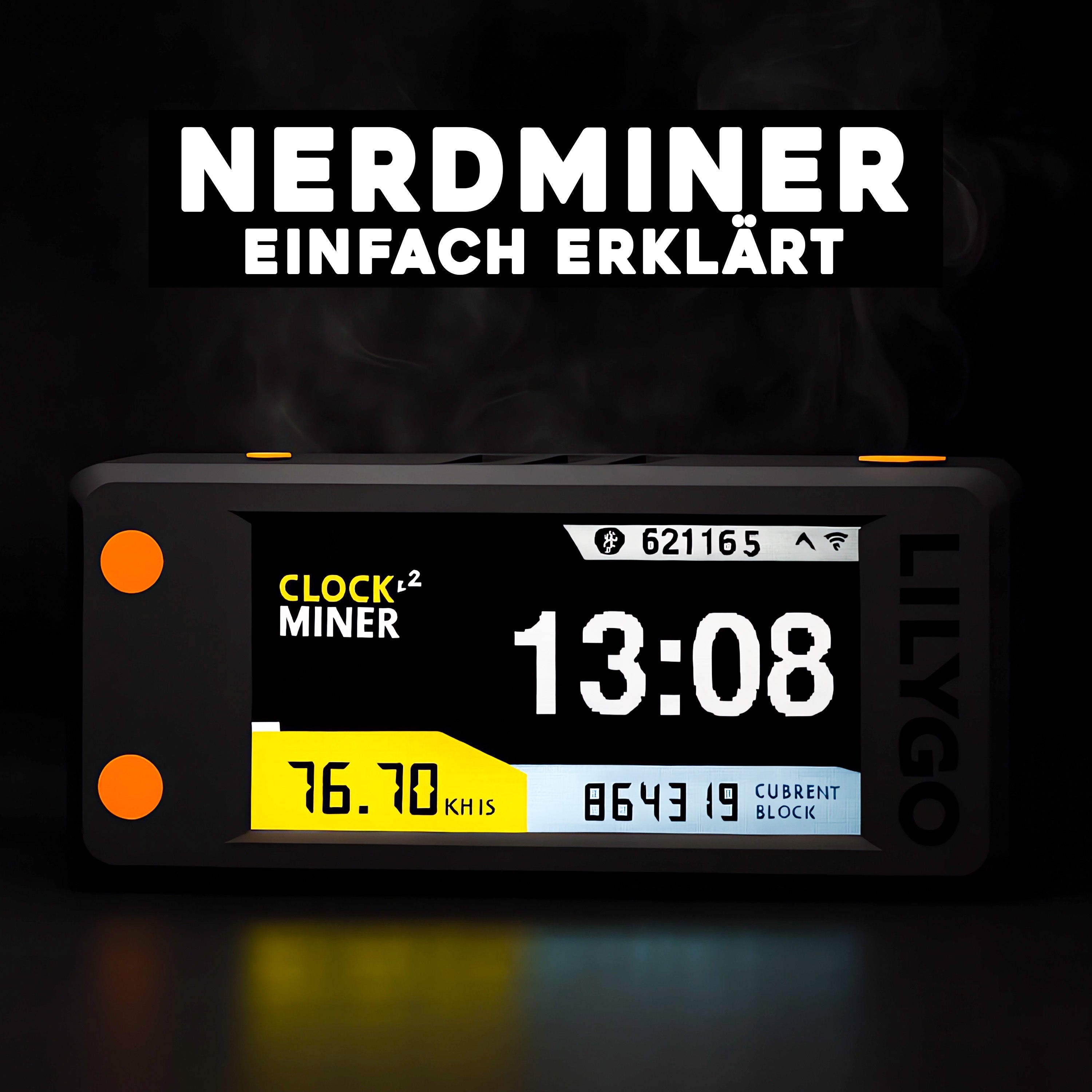 Digitalanzeige des Nerdminer V2 mit Uhrzeit, Hashrate und aktuellem Bitcoin-Block – stilvoll präsentiert mit der Überschrift „Nerdminer einfach erklärt“.