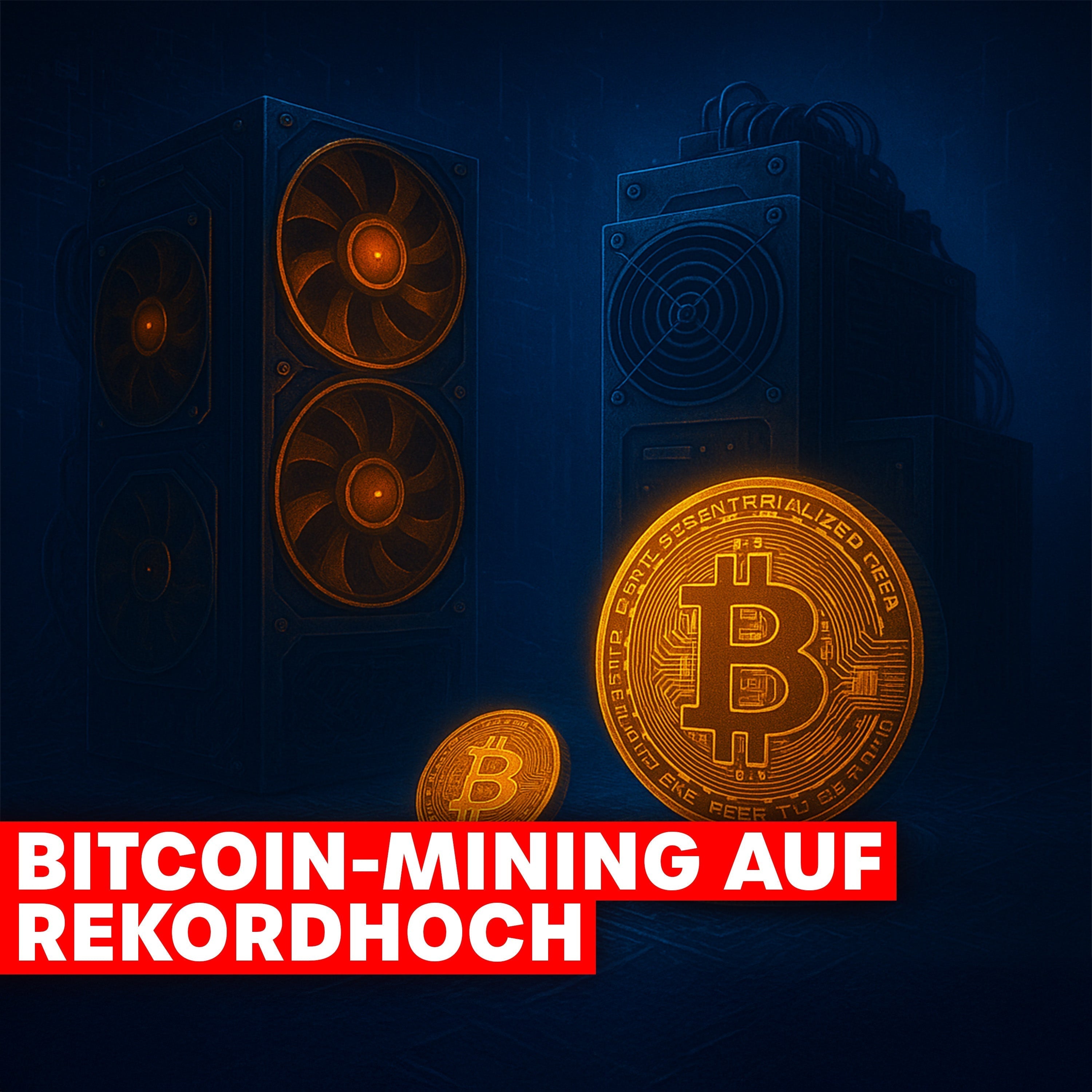 Leuchtende Bitcoin-Münzen vor orange glühenden Mining-Geräten auf blauem Hintergrund, mit dem Titel „Bitcoin-Mining auf Rekordhoch“. ChatGPT fragen