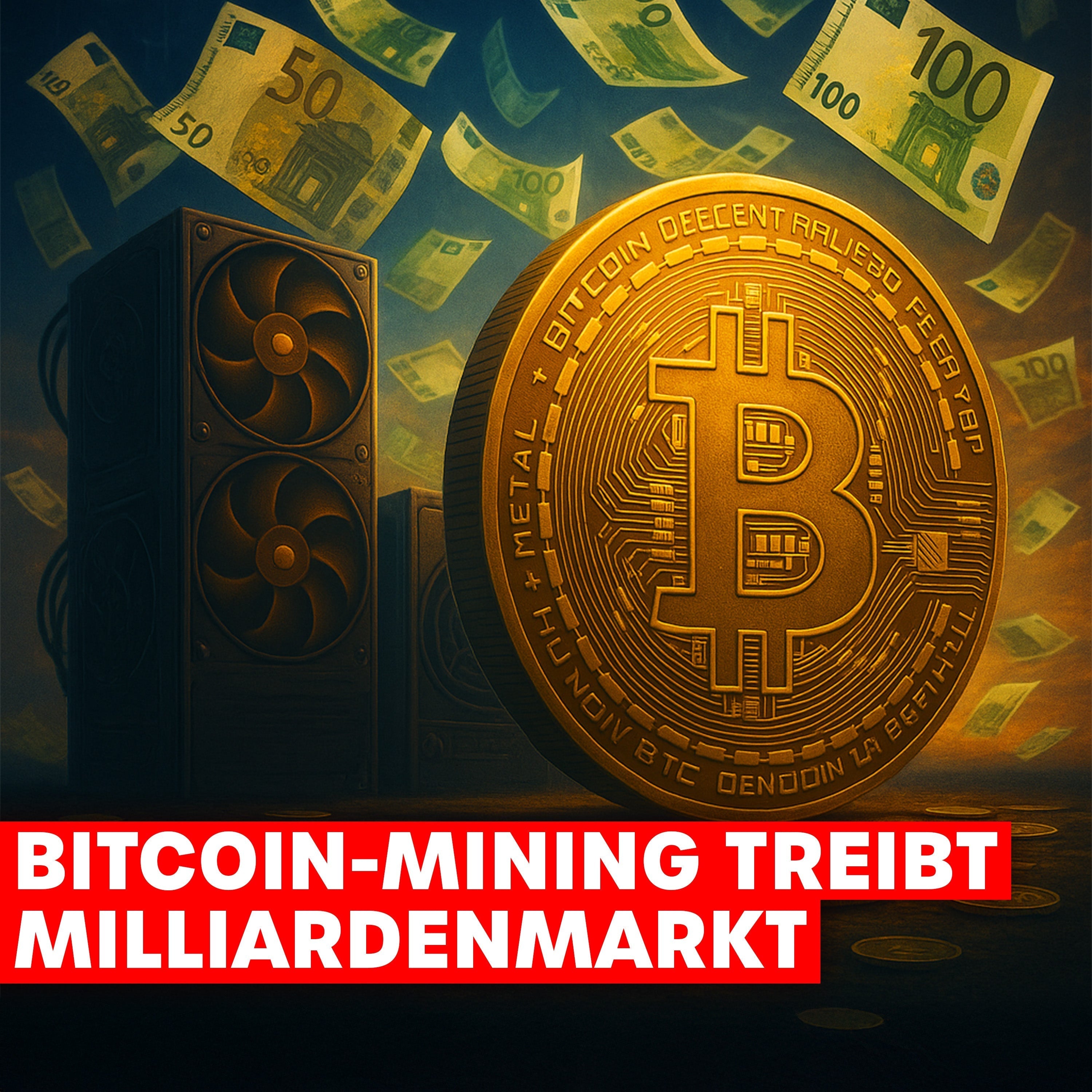 Goldene Bitcoin-Münze mit Mining-Hardware und fliegenden Euro-Scheinen, Text: Bitcoin-Mining treibt Milliardenmarkt.