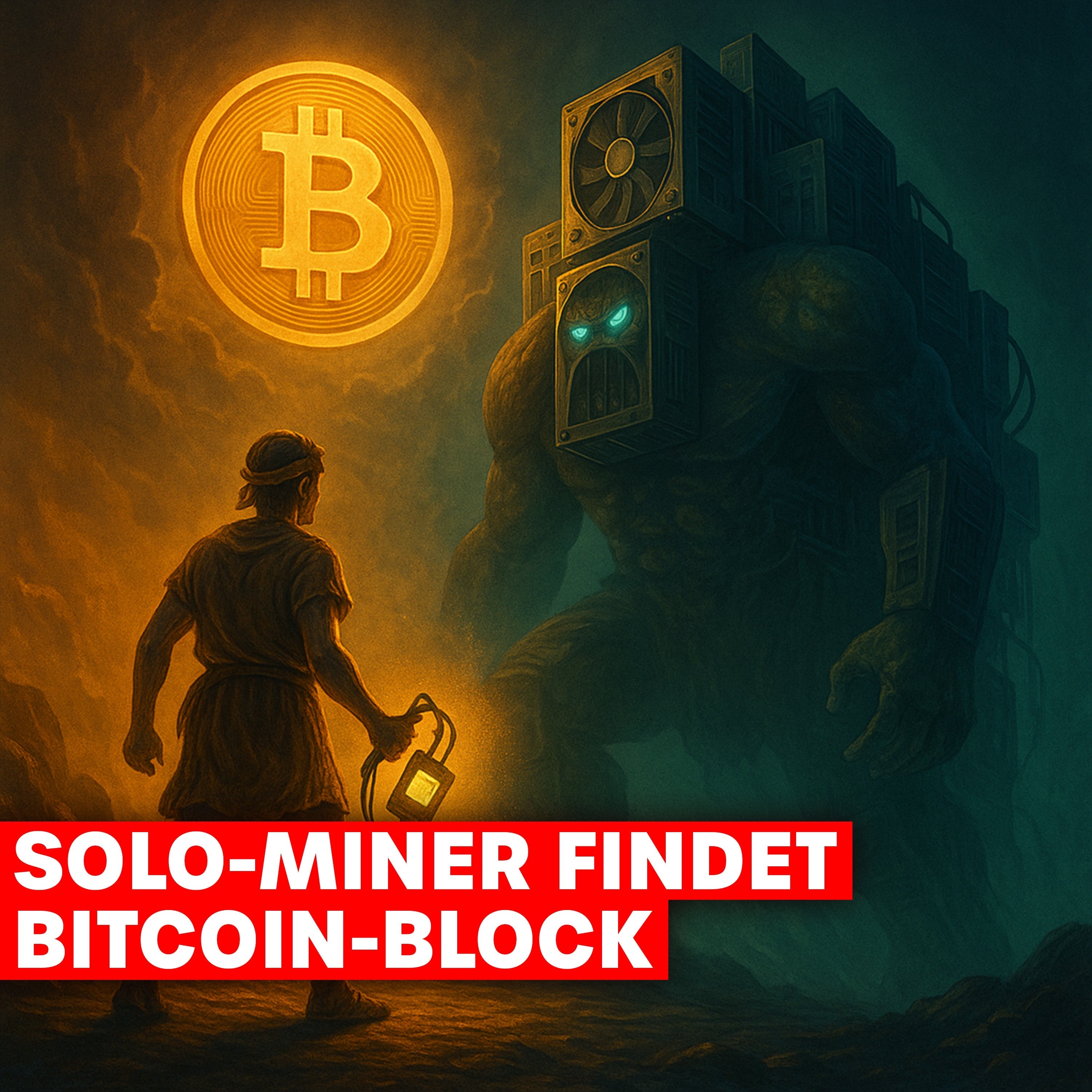 Episches Bild: Ein Solo-Miner tritt gegen den übermächtigen Goliath der Mining-Farmen an – und findet einen Bitcoin-Block.