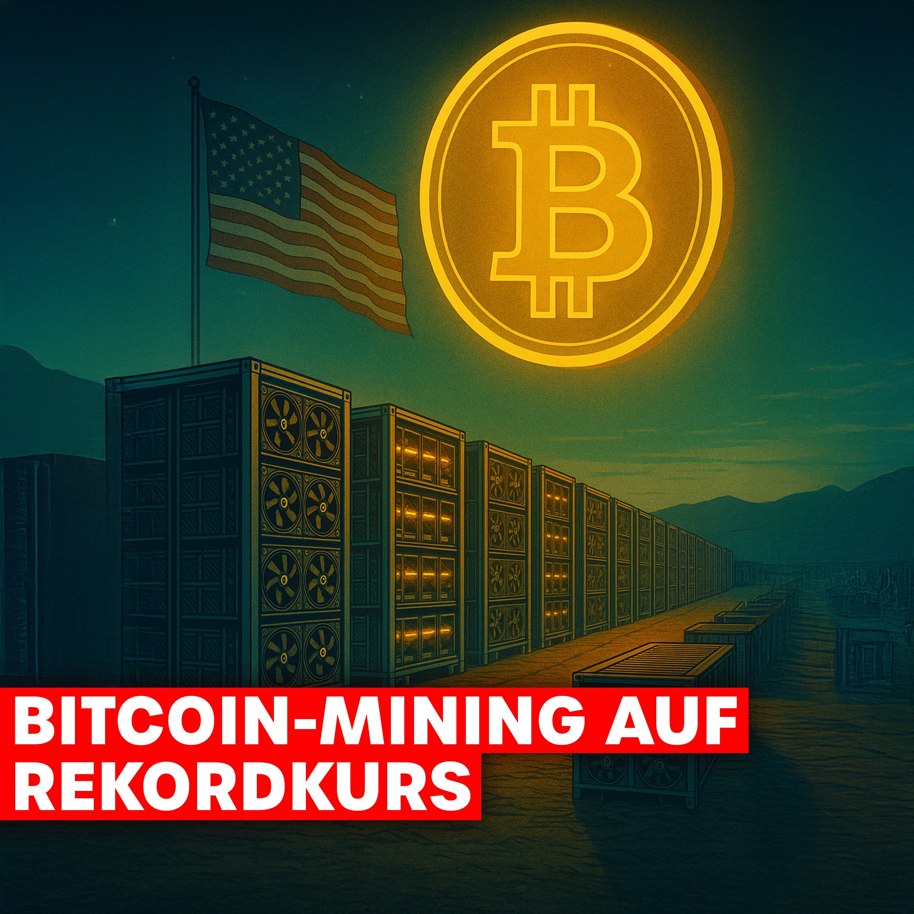 Illustration einer großen Bitcoin-Mining-Farm in den USA mit leuchtendem Bitcoin-Symbol und US-Flagge, Headline: Bitcoin-Mining auf Rekordkurs.
