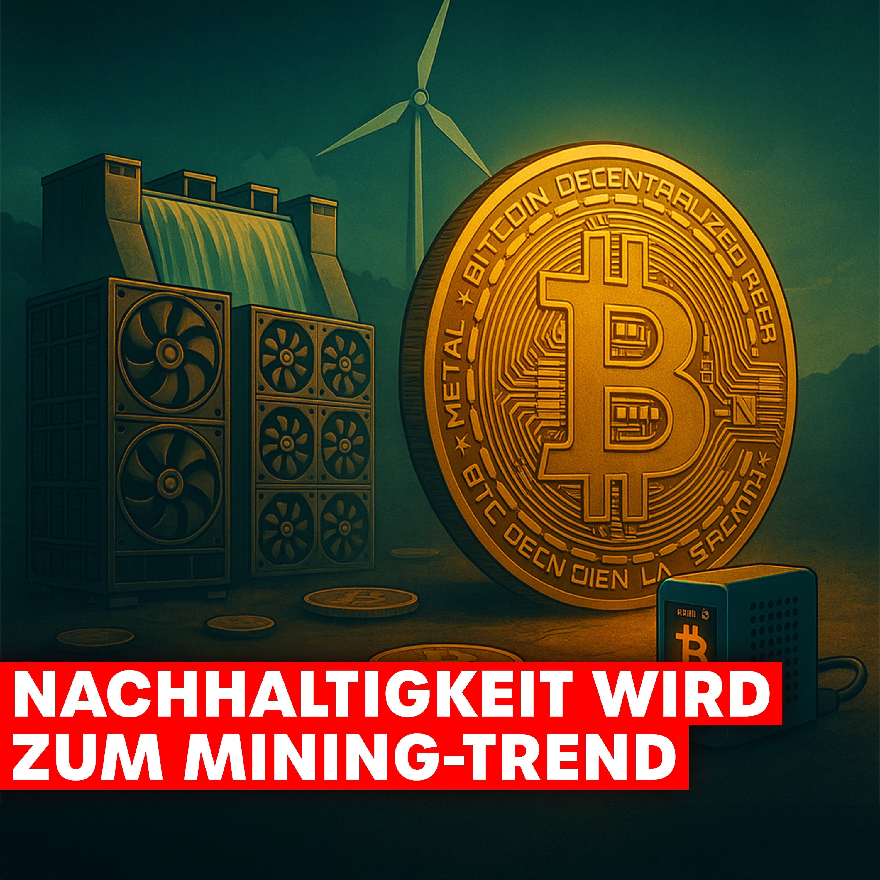 Illustration eines goldenen Bitcoin-Symbols neben Mining-Geräten, einem Wasserkraftwerk und einer Windkraftanlage. Unten steht in einem roten Textblock: ‚Nachhaltigkeit wird zum Mining-Trend‘.