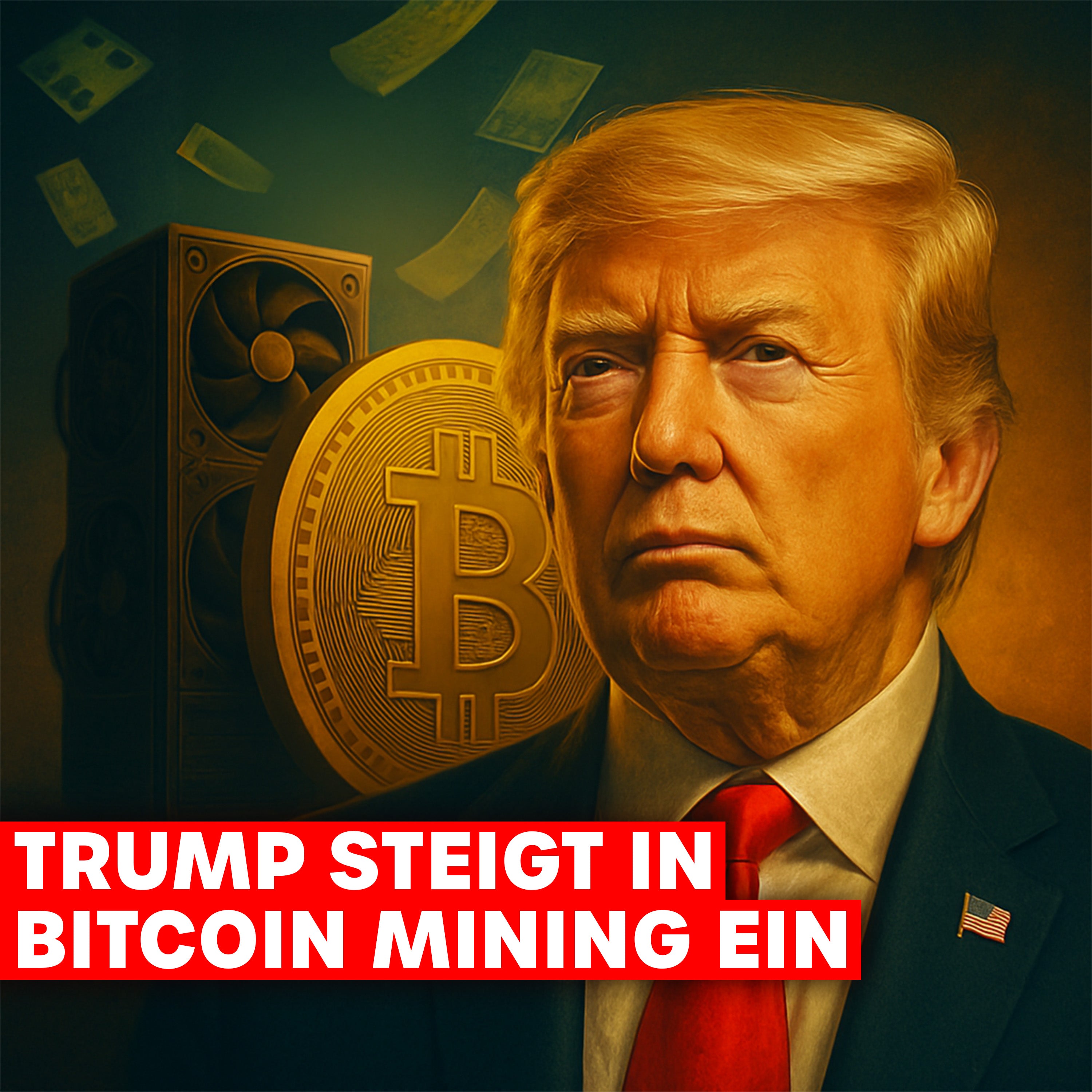 Porträt von Donald Trump vor einer großen goldenen Bitcoin-Münze und Mining-Rigs im Hintergrund, mit rotem Banner und Schriftzug ‚Trump steigt in Bitcoin Mining ein‘.