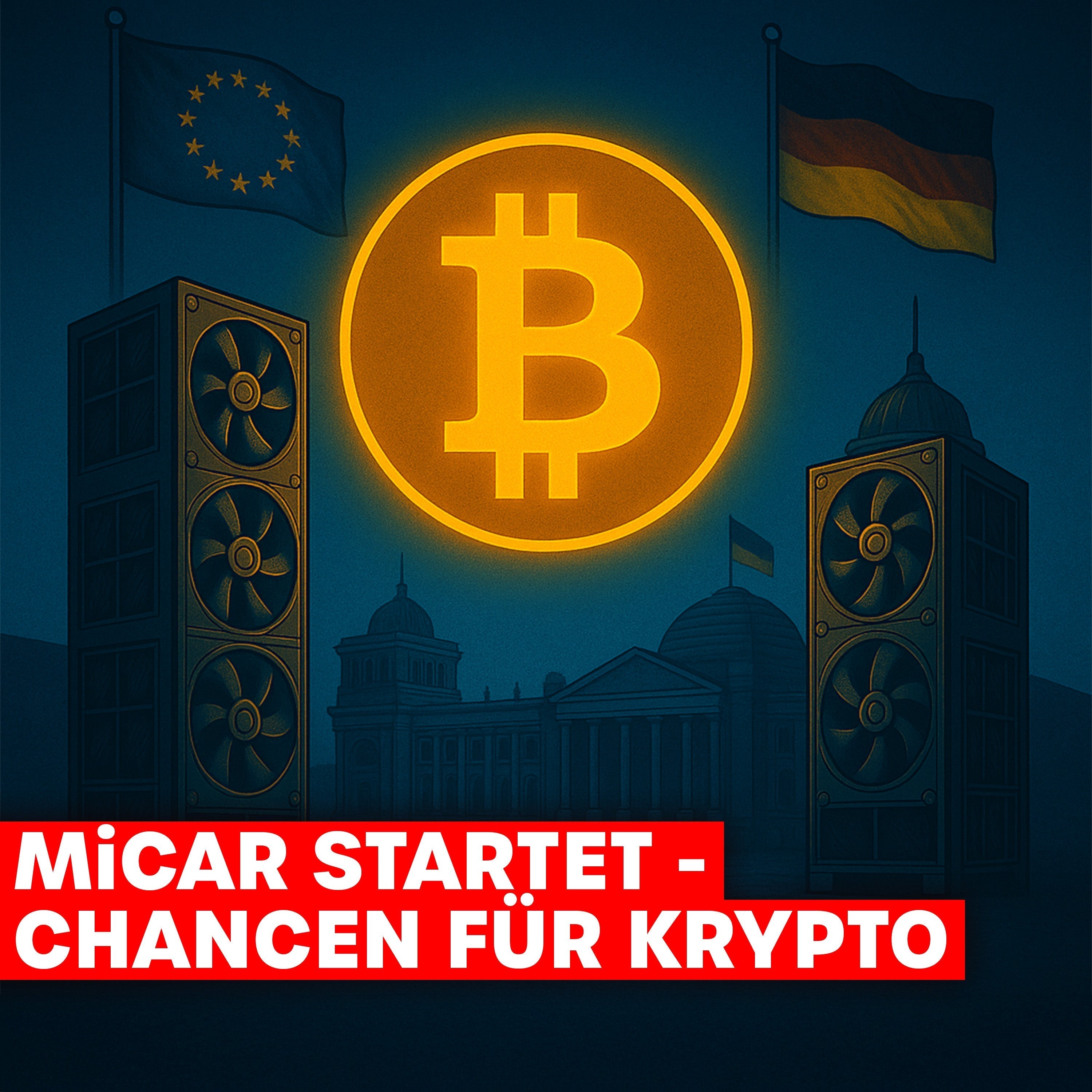 Illustration eines leuchtenden Bitcoin-Symbols zwischen EU- und Deutschland-Flagge vor Regierungsgebäuden, mit Mining-Rigs im Vordergrund. Text: MiCAR startet – Chancen für Krypto.