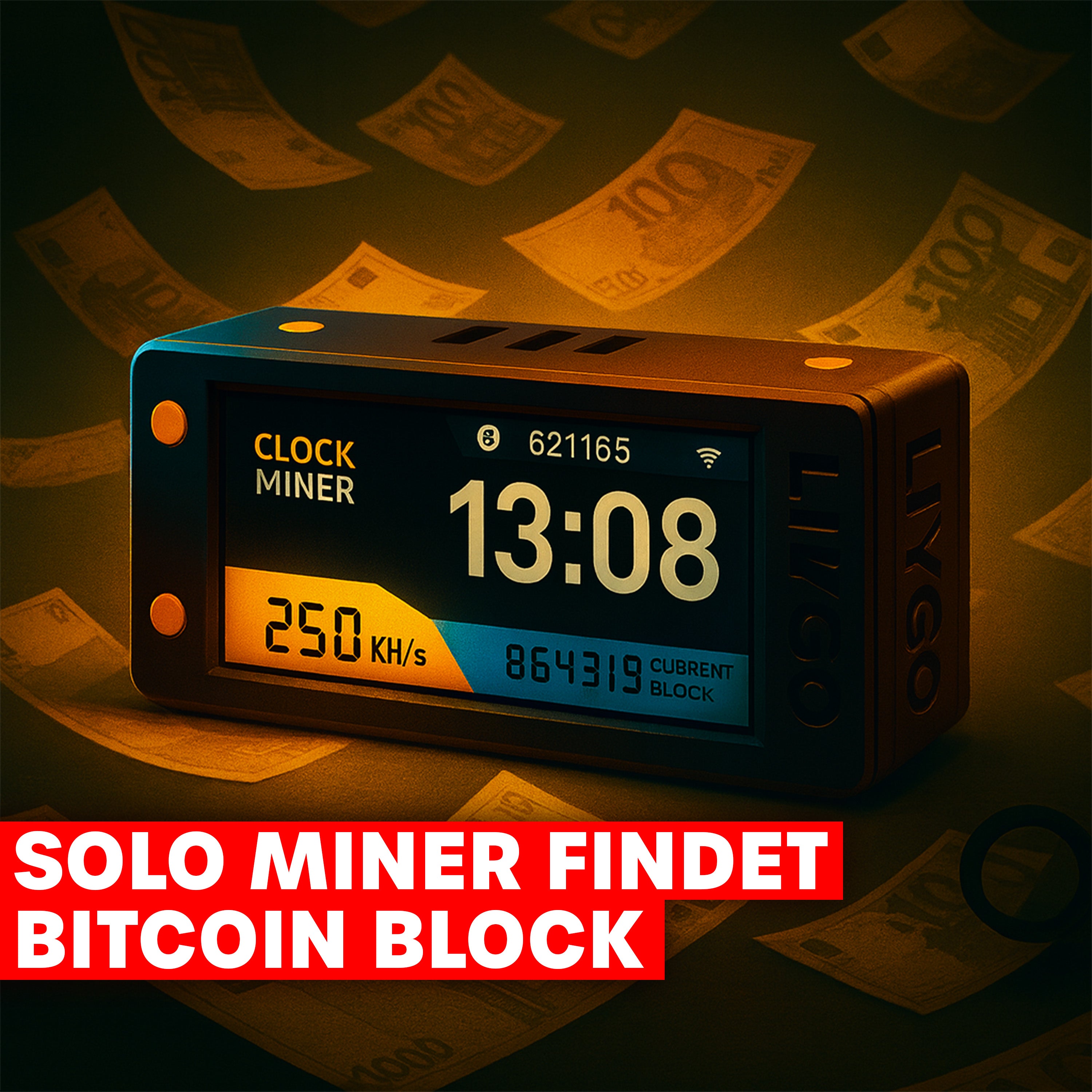 Ein NerdMiner-Gerät zeigt auf seinem Display Mining-Daten und eine große Uhrzeit, während im Hintergrund Euro-Geldscheine durch die Luft fliegen. Der Text im Bild lautet „Solo Miner findet Bitcoin Block“.