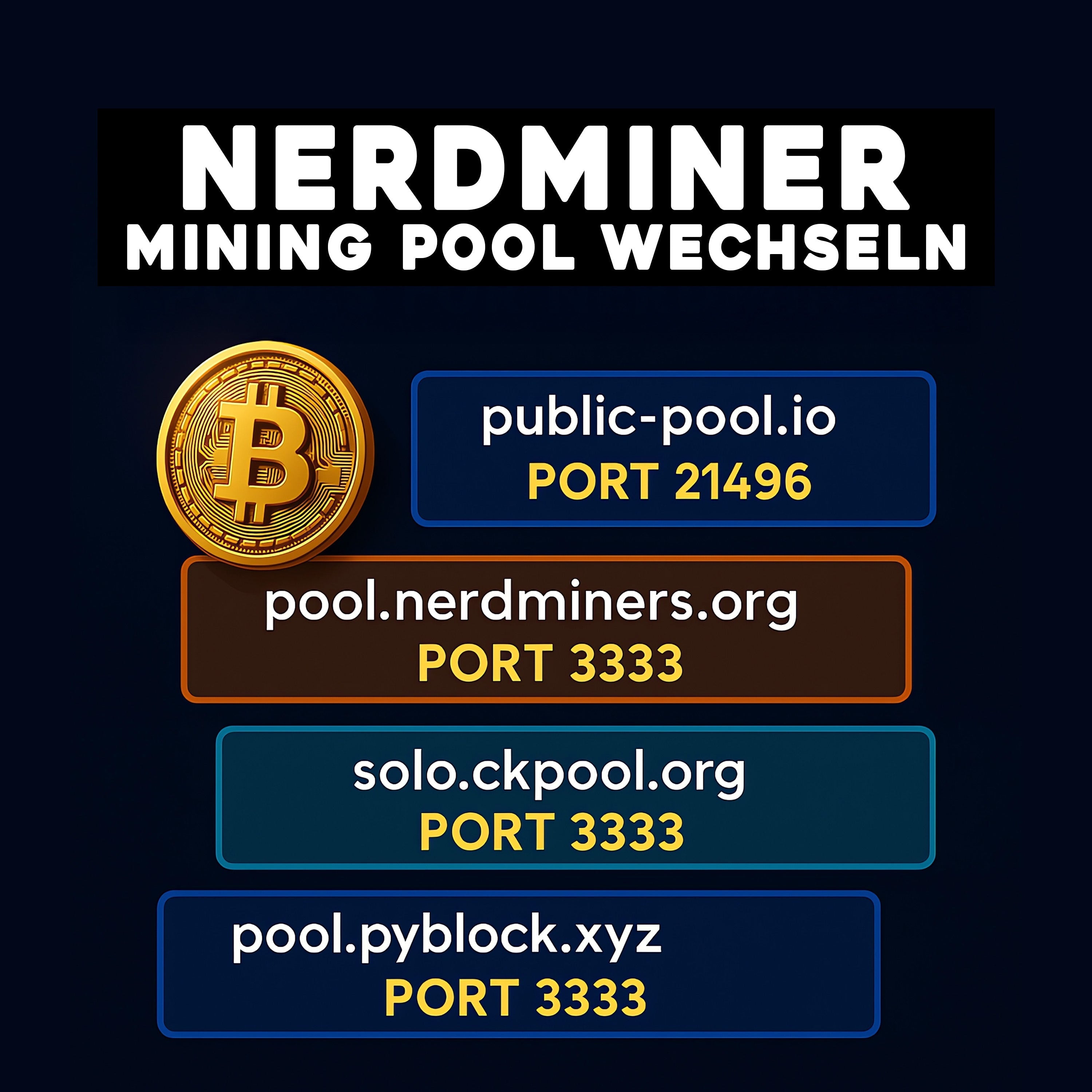 Nerdminer Mining-Pool-Wechsel: Vier Server-Adressen mit Ports, dazu ein Bitcoin-Symbol.