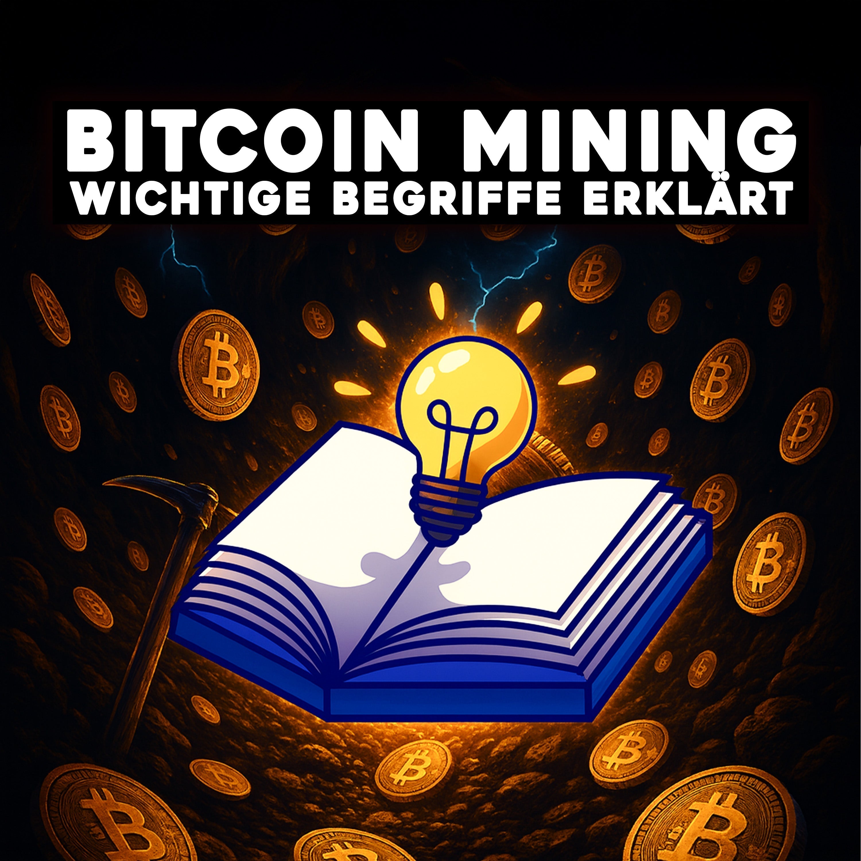 Offenes Buch mit Glühbirne vor fliegenden Bitcoin-Münzen, Titel „Bitcoin Mining – Wichtige Begriffe erklärt“.