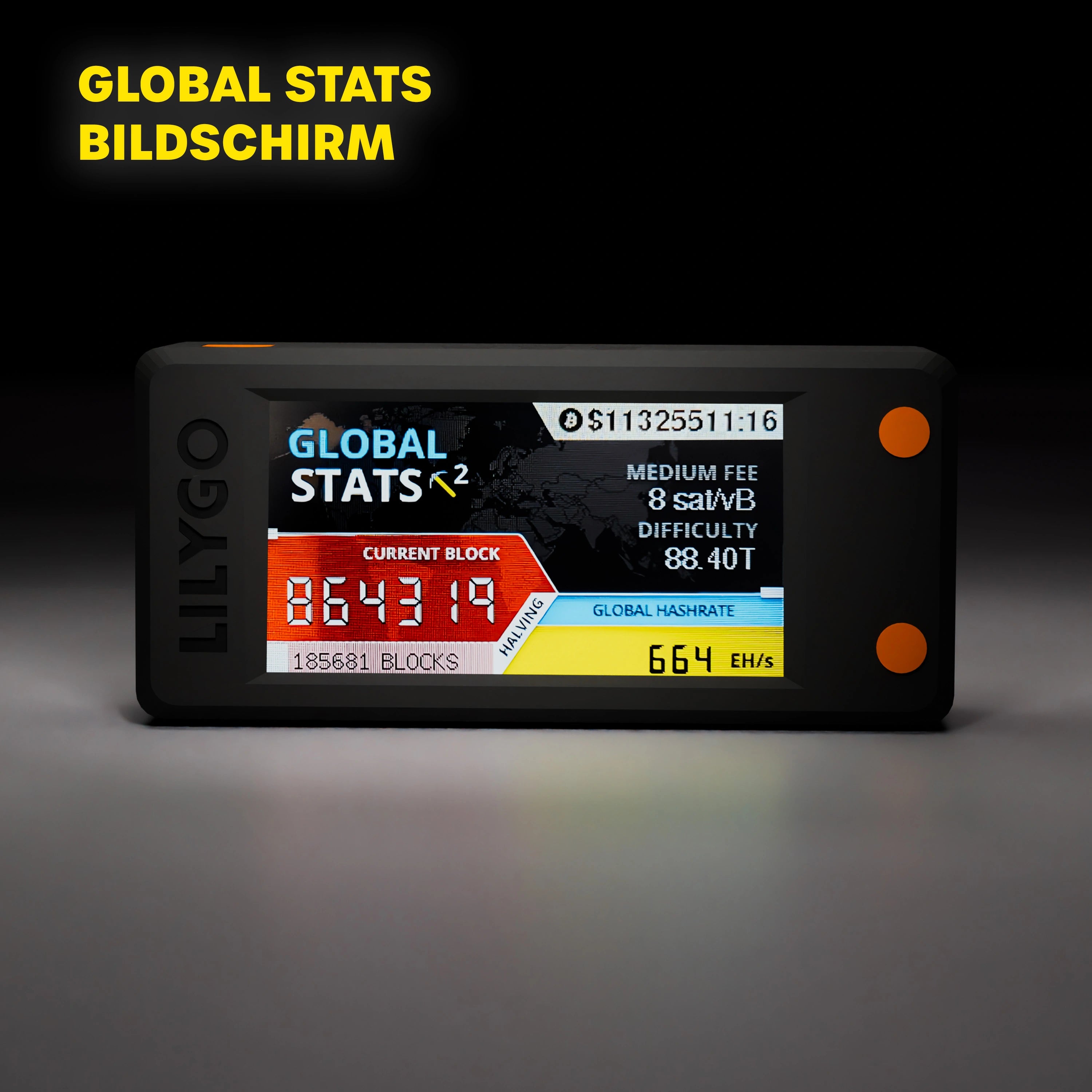 Nerdminer V2 mit Global-Stats-Display für Blockhöhe und Hashrate