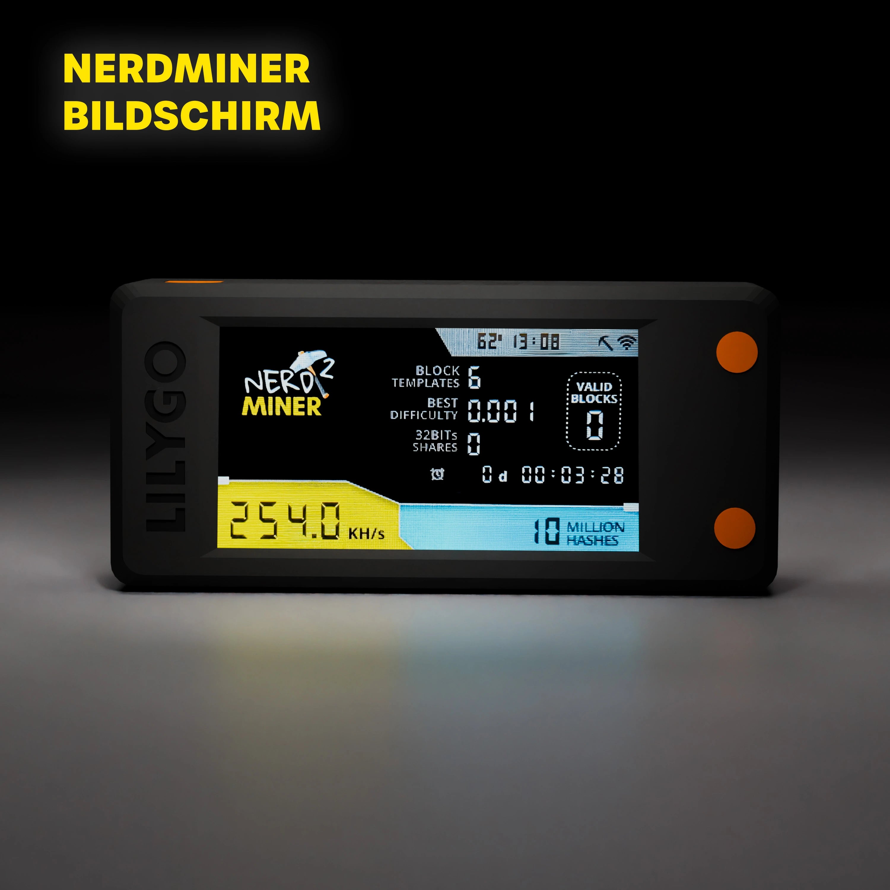 Nerdminer V2 mit Nerdminer-Display und 254 kH/s Hashrate