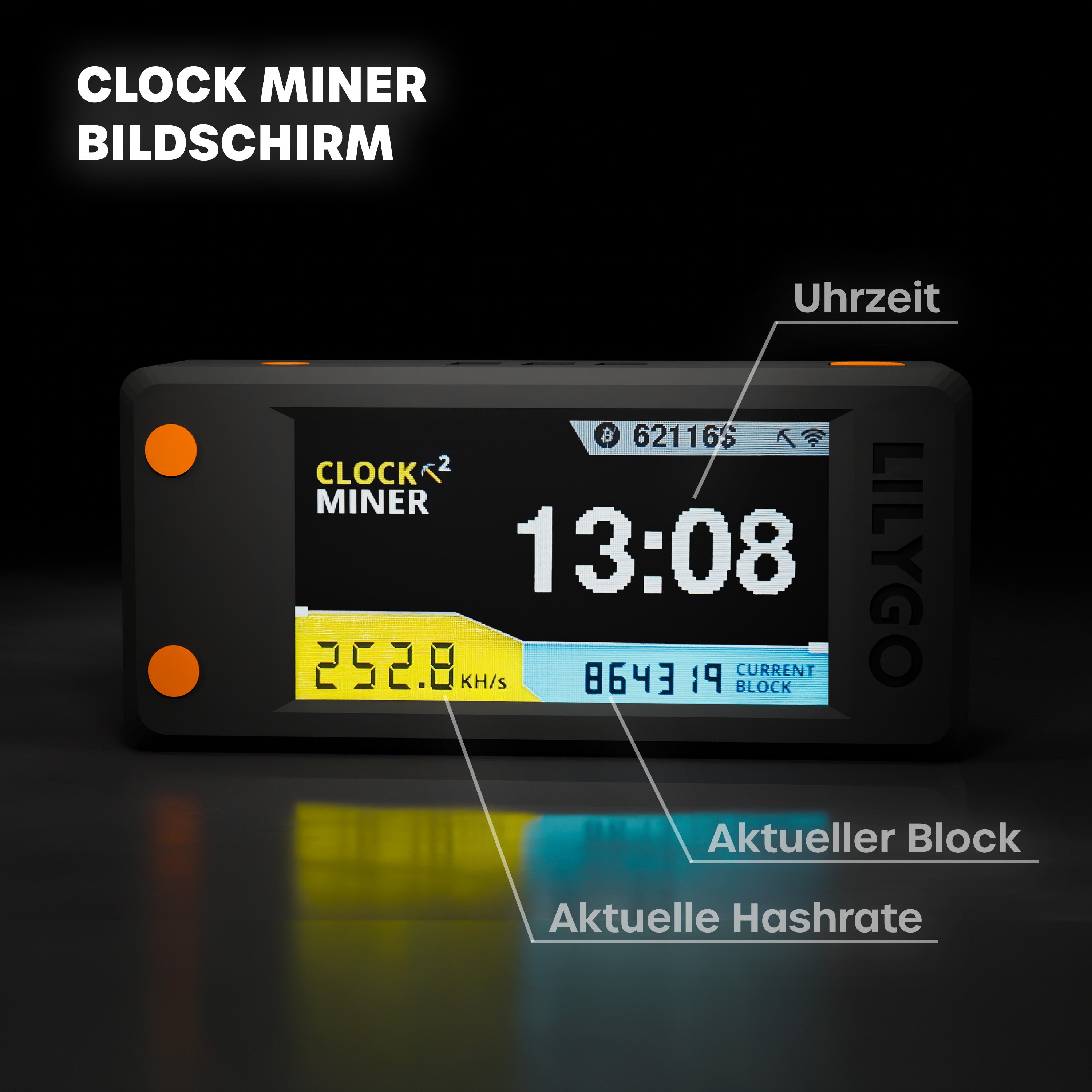 Nerdminer V2 zeigt die aktuelle Uhrzeit zusammen mit den Mining-Infos an.