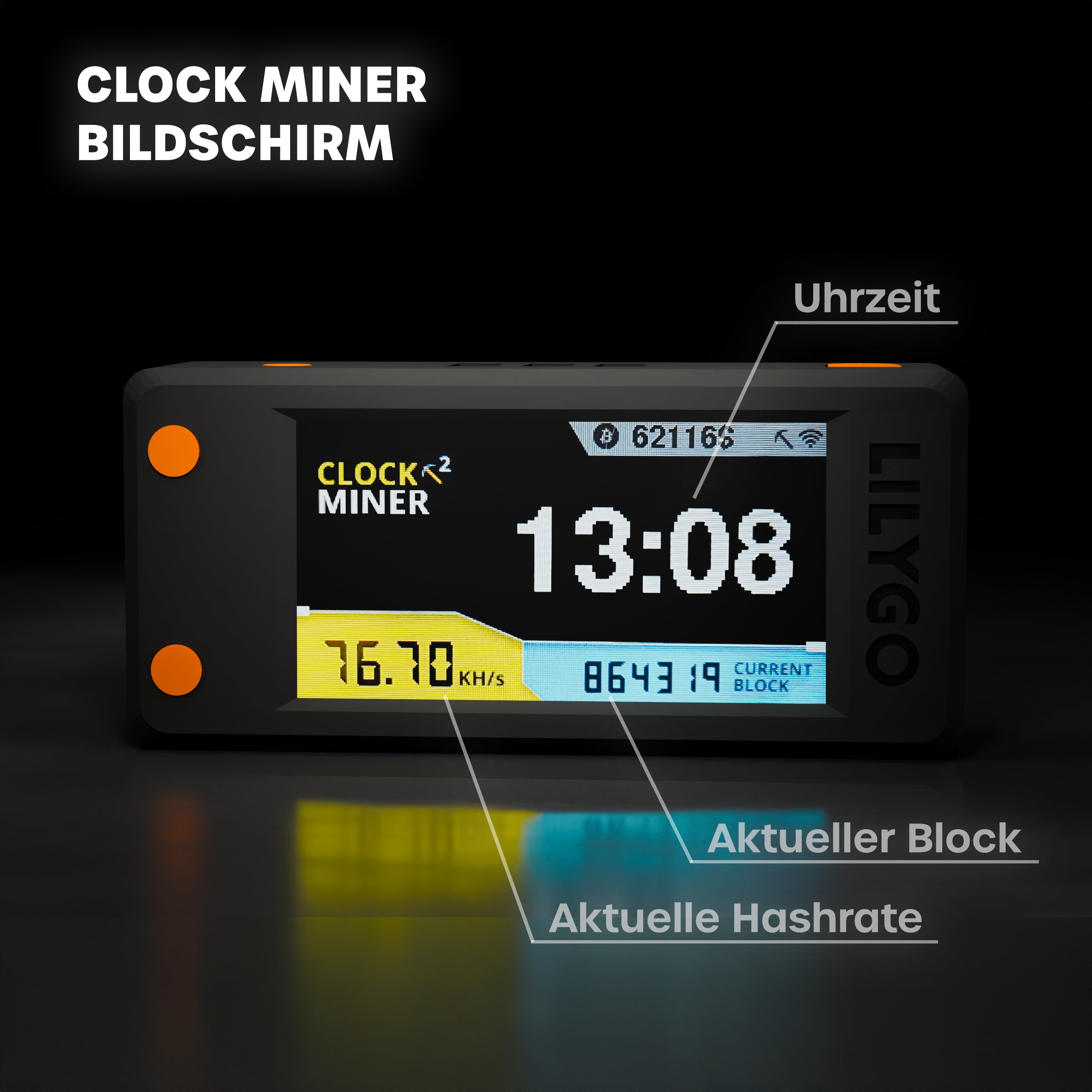 Nerdminer V2 zeigt die aktuelle Uhrzeit zusammen mit den Mining-Infos an.