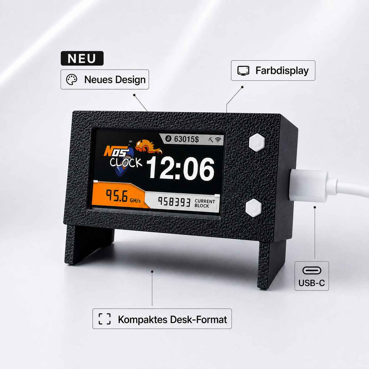 NerdNOS Solo Bitcoin Miner im kompakten Desk-Format mit Farbdisplay und USB-C, NOS-Clock-Ansicht
