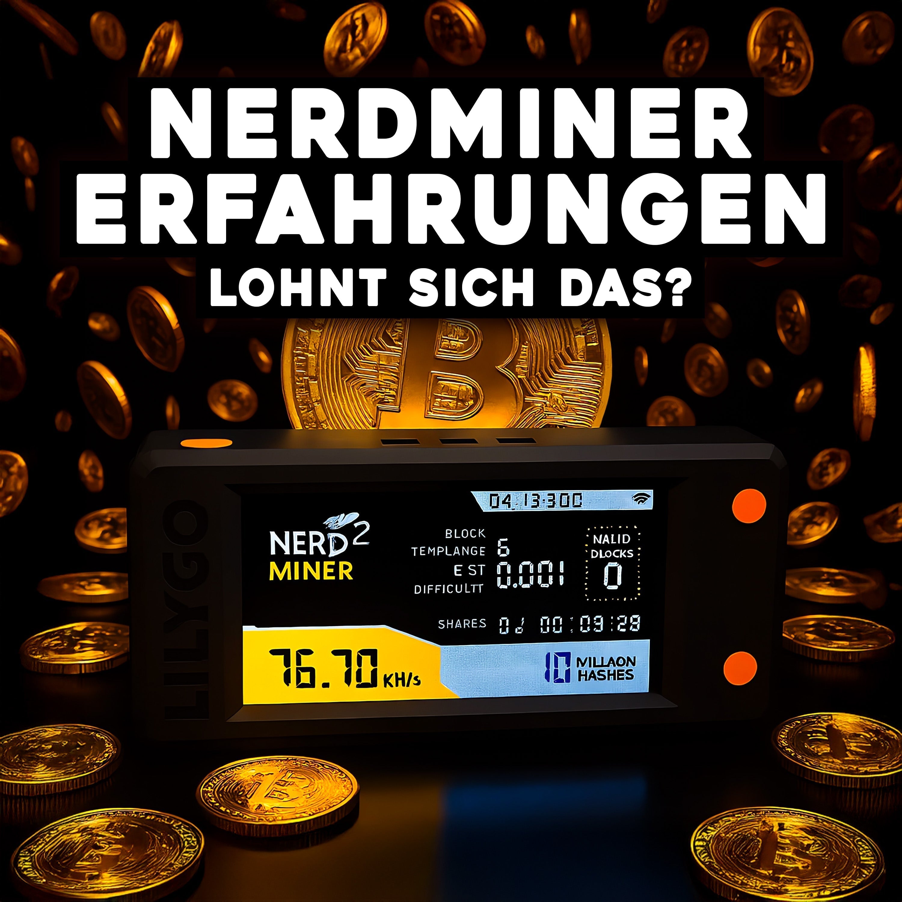 Digitale Grafik mit Nerdminer V2 Display im Vordergrund, umgeben von fallenden Bitcoin-Münzen; oben steht der Titel „Nerdminer Erfahrungen – Lohnt sich das?“ – Symbolbild für Bitcoin-Mining