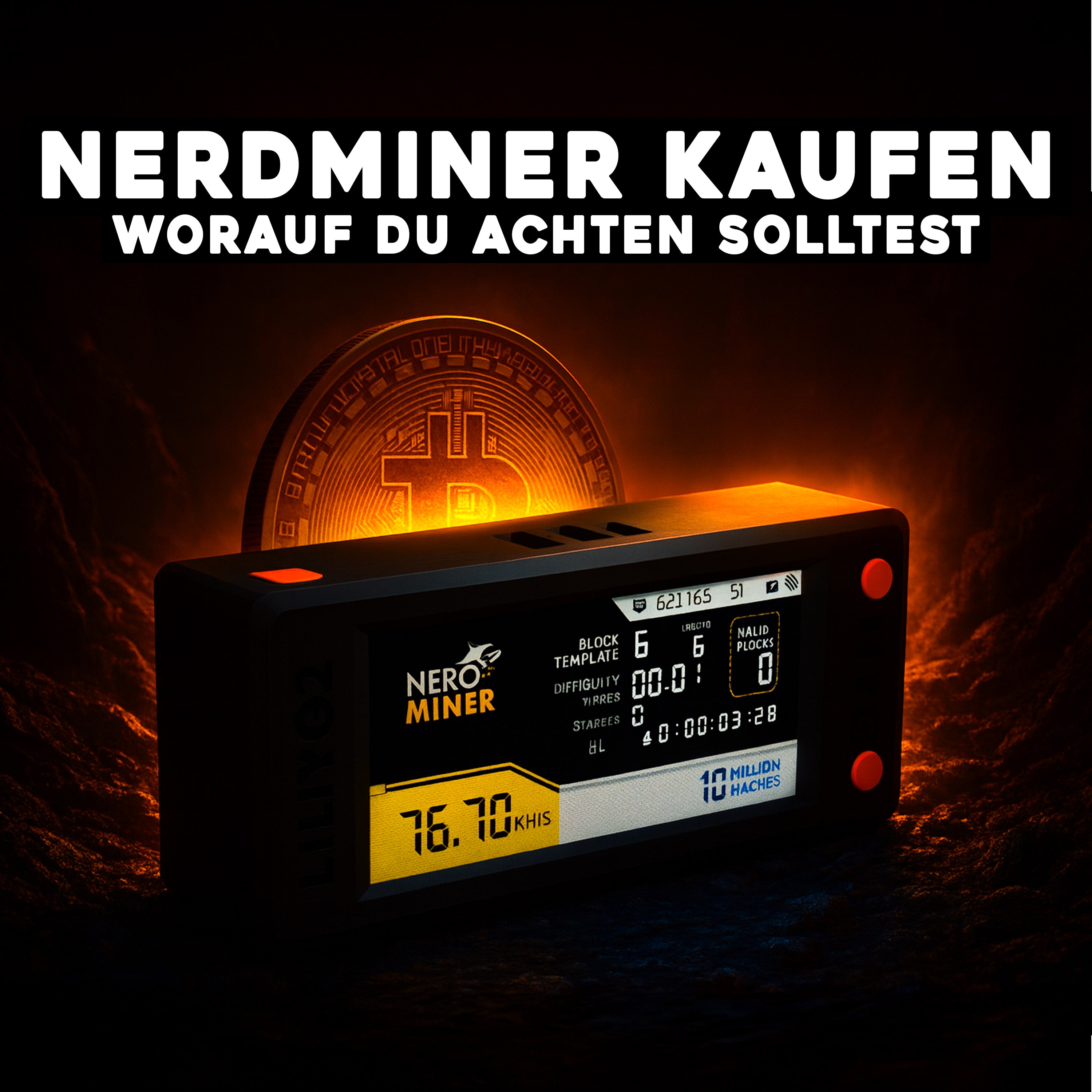 Nerdminer V2 mit Bitcoin-Symbol im Hintergrund – Titelbild zum Blogbeitrag über Kaufkriterien und Tipps für Einsteiger