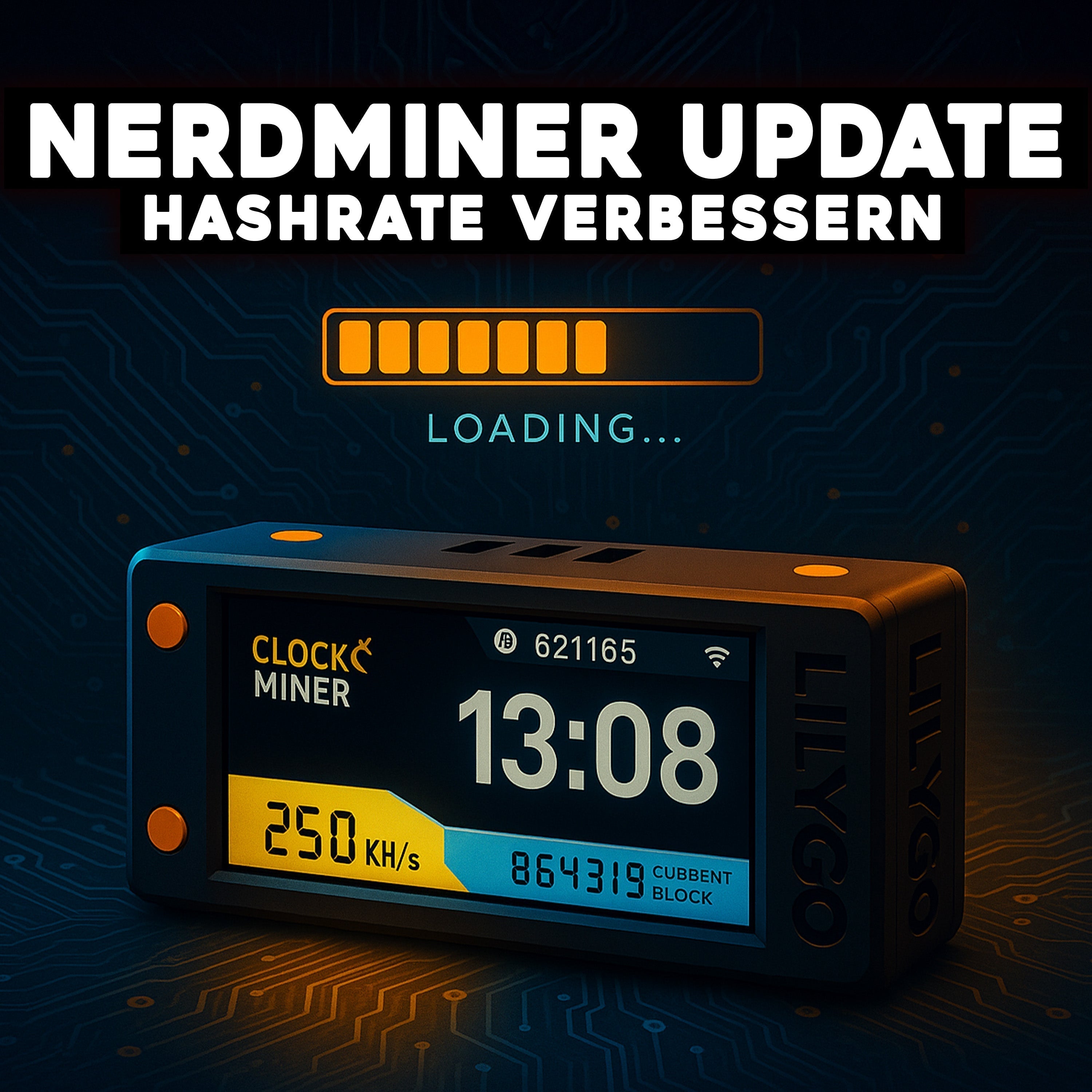 Digitales Bild eines Nerdminer V2 mit Displayanzeige 250 KH/s und Ladebalken, Symbol für Firmware-Update und verbesserte Hashrate.
