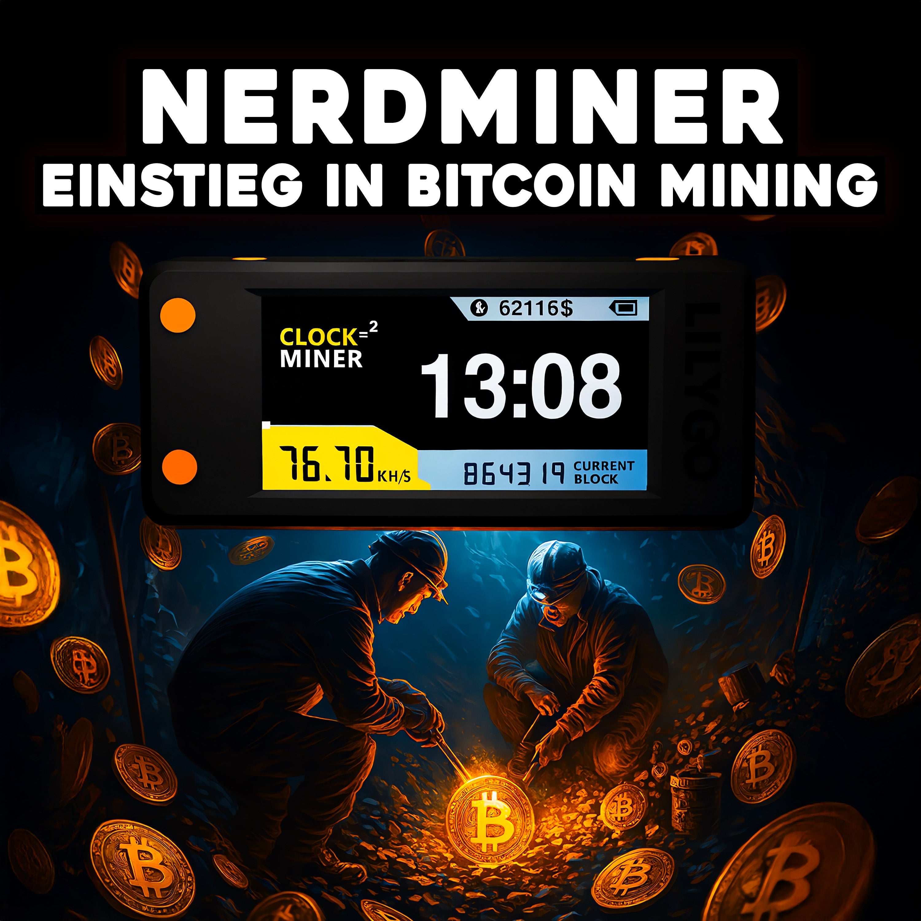 Nerdminer V2 mit Display, Schriftzug „Einstieg in Bitcoin Mining“, im Hintergrund zwei Krypto-Miner beim Ausgraben einer leuchtenden Bitcoin-Münze.