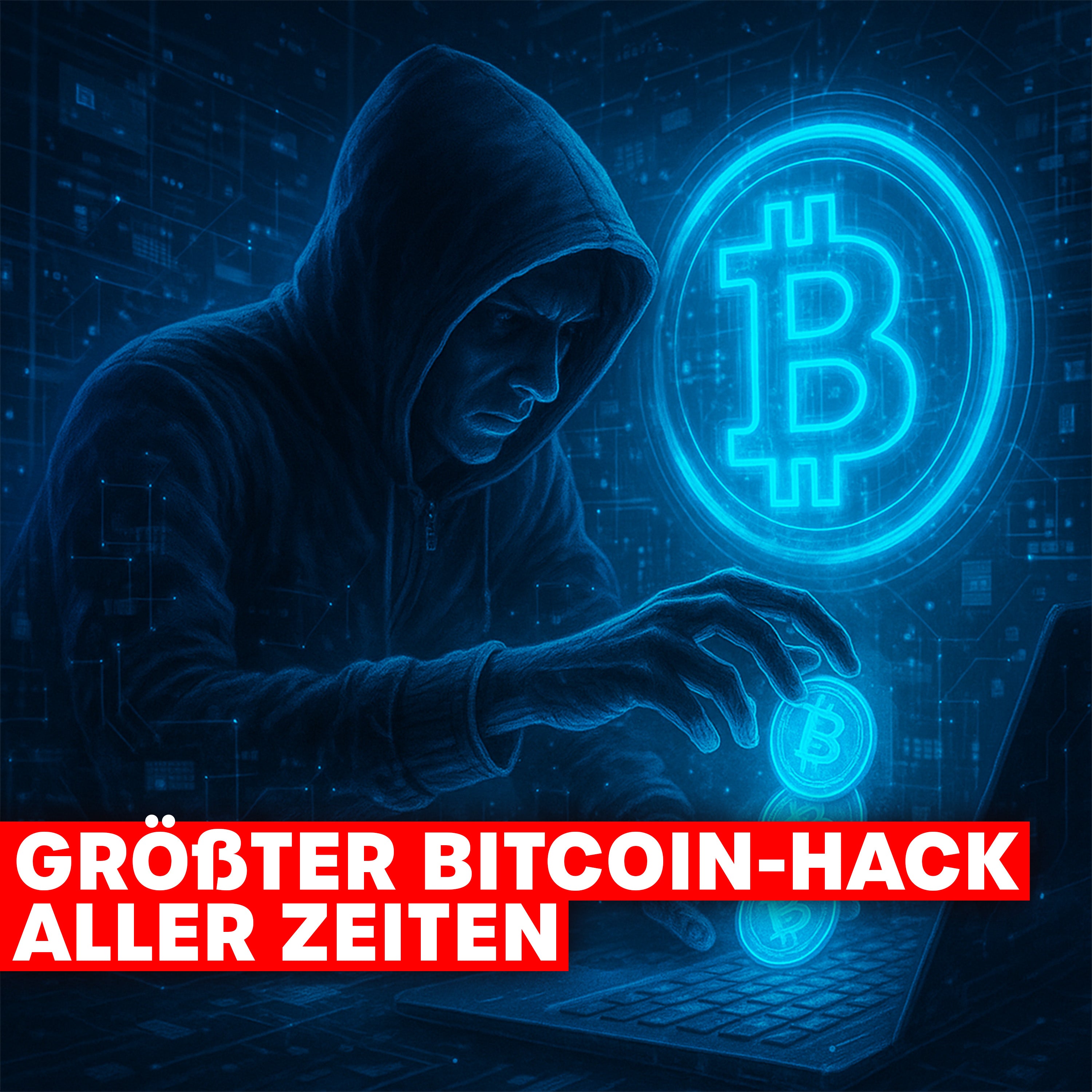 Hoodie-Hacker stiehlt leuchtende Bitcoins vor futuralem Hintergrund – Text: „Größter Bitcoin-Hack aller Zeiten“.
