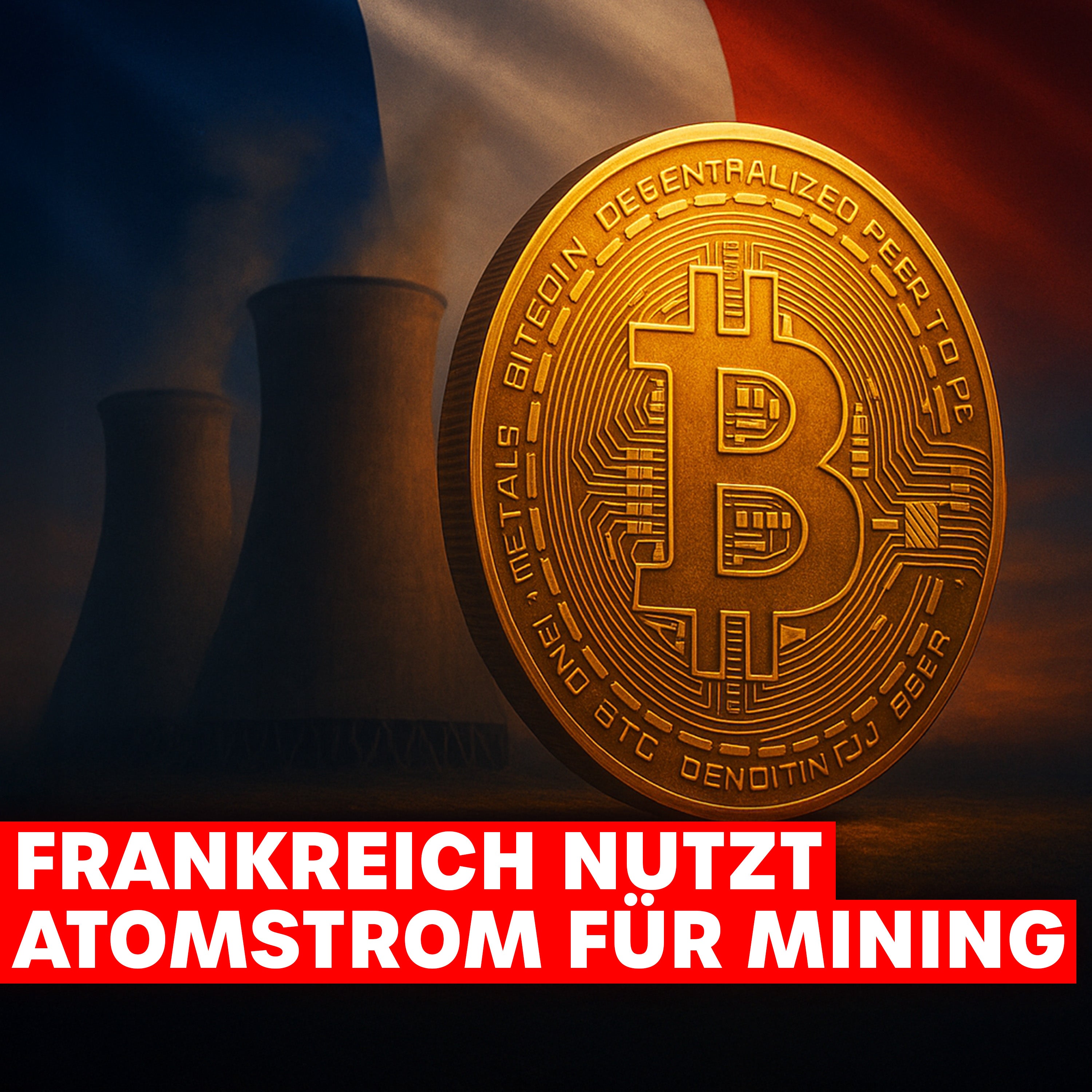 Goldene Bitcoin-Münze vor französischer Flagge und Atomkraftwerk, mit Text: Frankreich nutzt Atomstrom für Mining.