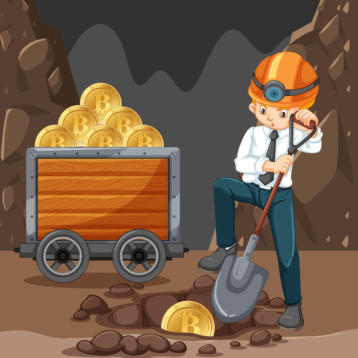 Illustration eines Miners mit Helm und Schaufel in einer Bitcoin-Mine, symbolisch für das Mining mit Geräten wie dem NerdMiner.