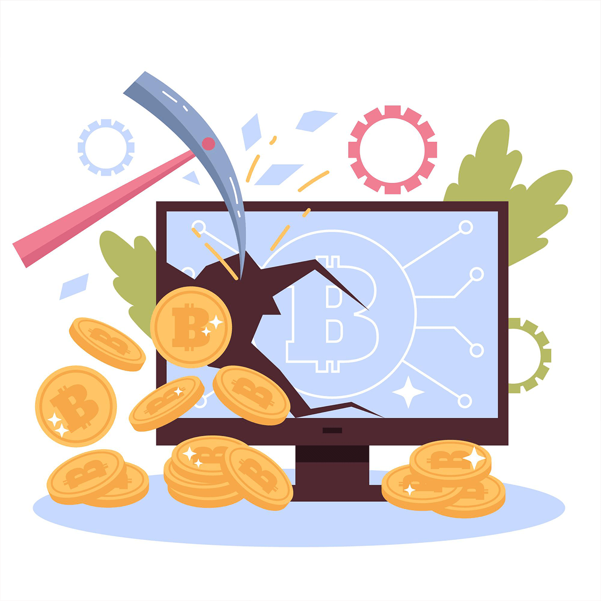 Bitcoin-Halving erklärt: Darstellung mit zerbrochenem Bildschirm und Bitcoin-Münzen – Einfluss auf Miner und Geräte wie den NerdMiner.