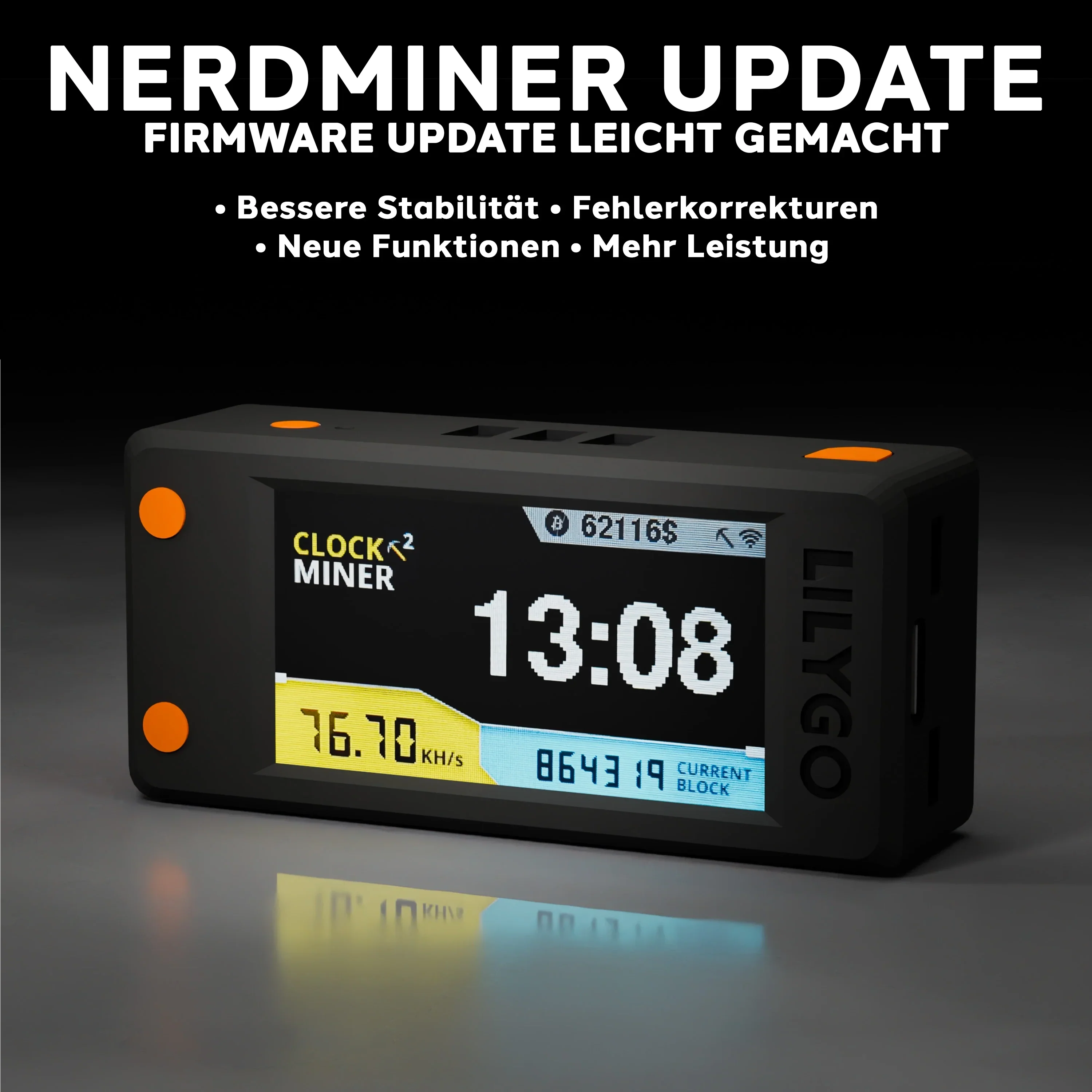 erdMiner Update – Firmware-Update leicht gemacht. Anzeige eines NerdMiner V2 mit Bitcoin-Mining-Daten auf dem Display. Verbesserte Stabilität, Fehlerkorrekturen und neue Funktionen.