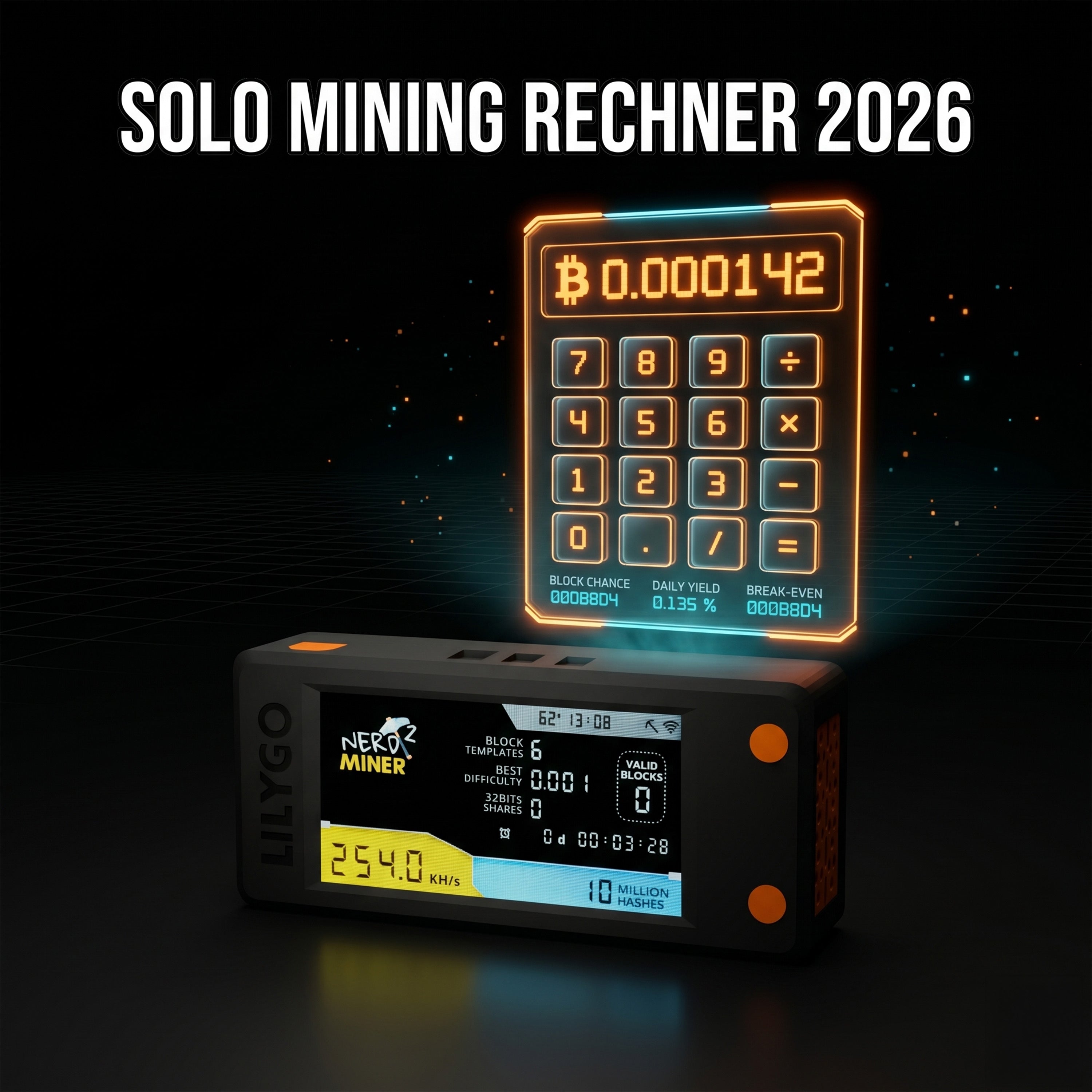 Bitcoin Solo Mining Rechner 2026 — Block-Chance und Stromkosten berechnen
