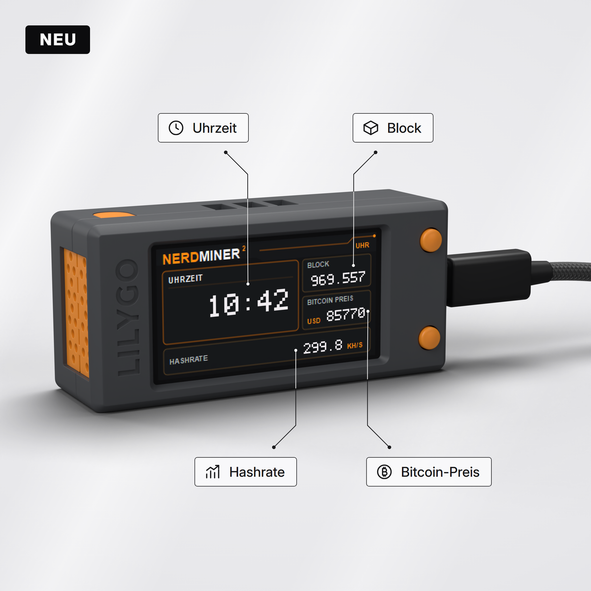 Nerdminer V2 Display mit Uhrzeit, aktueller Blockhöhe, Bitcoin-Preis in USD und Hashrate
