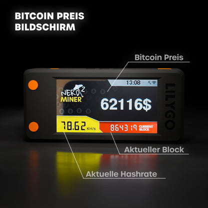 Nerdminer V2 zeigt den aktuellen Bitcoin-Preis auf dem Display in Echtzeit.