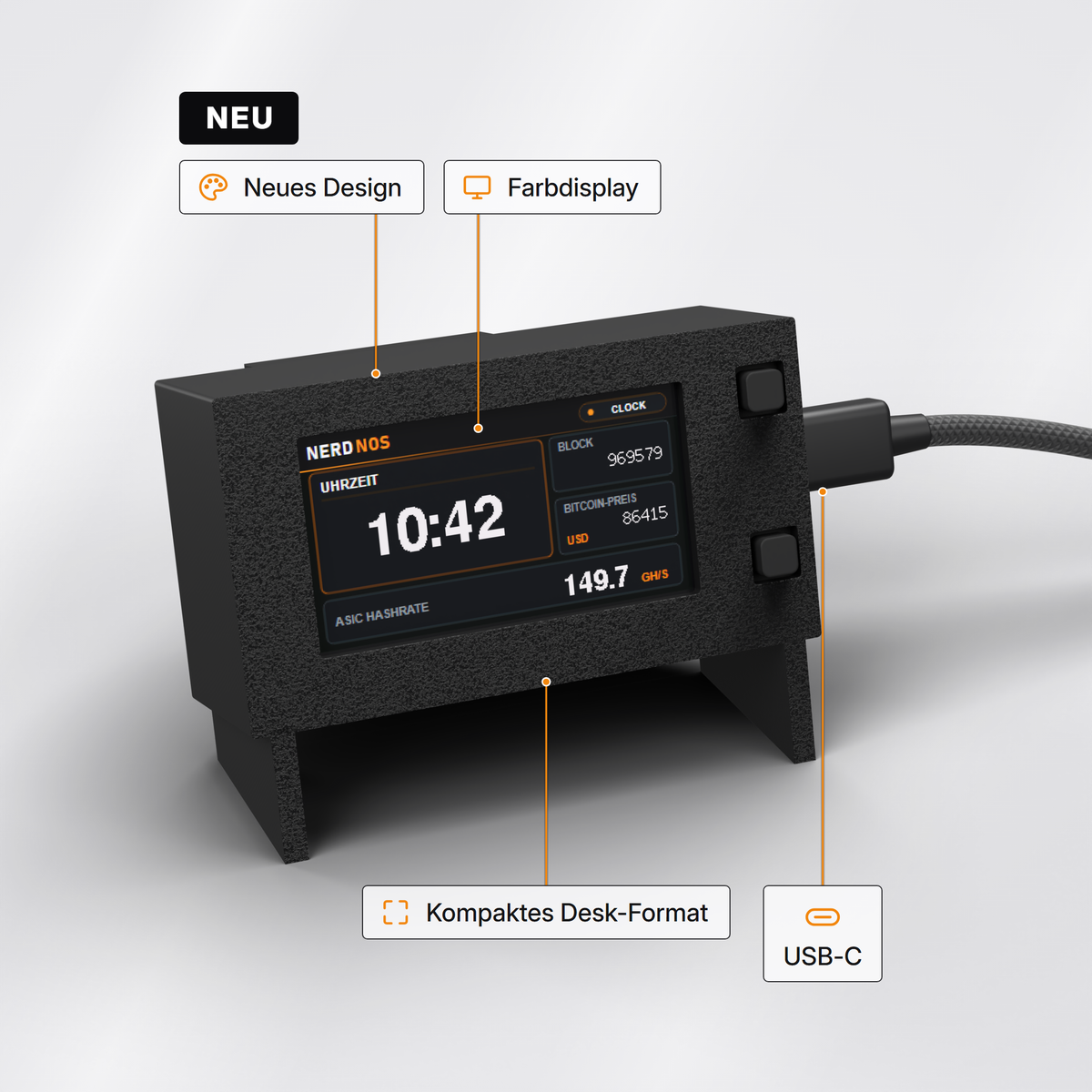 NerdNOS Solo Bitcoin Miner im kompakten Desk-Format: schwarzes Gehäuse mit Farbdisplay, Uhrzeit, Bitcoin-Preis und Hashrate, Anschluss über USB-C