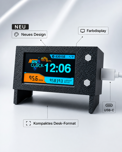 NerdNOS Solo Bitcoin Miner im kompakten Desk-Format mit Farbdisplay und USB-C, NOS-Clock-Ansicht